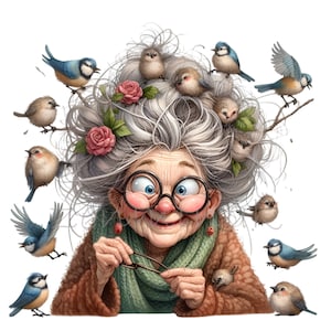 Comics Senior Woman with Birds 10 PNG Funny Crazy Grandma Cartoon illustration clipart, Sublimation Printable Digital Downloads