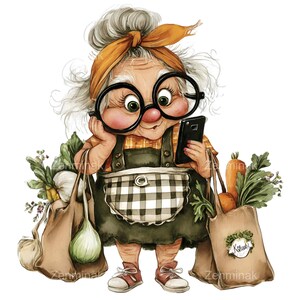 May include: A whimsical illustration of an elderly woman with glasses and a headscarf, holding a smartphone and shopping bags filled with vegetables. She wears an apron and red shoes. The bags contain carrots, onions, and other produce.