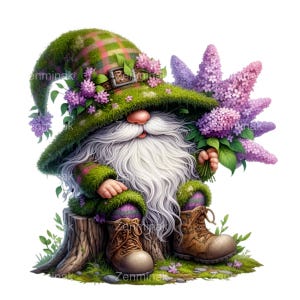 Peut inclure: Un gnome vert avec un chapeau mousseux et une longue barbe blanche est assis sur une souche d'arbre. Il tient un bouquet de fleurs de lilas violettes et blanches.