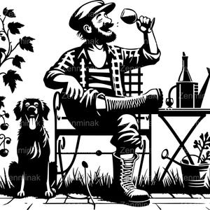 5 SVG drôle de jardin homme jardin coupe fichier SVG, dessin animé barbu buvant du vin avec un chien, banc d'extérieur et plantes des cliparts pour les artisans