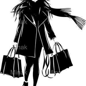 7 archivos SVG de mujer de compras, silueta de niña con sombrero, bolsos y tacones, imágenes prediseñadas de compras de moda para manualidades