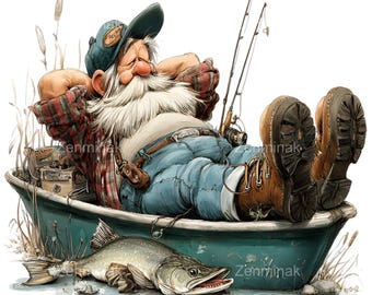 Puede incluir: Ilustración de un pescador relajado en una barca color turquesa, con una camisa a cuadros, vaqueros azules y una gorra. Tiene una larga barba blanca y está descansando con los pies en alto. Un pez grande yace frente a la barca, con cañas de pescar al fondo.