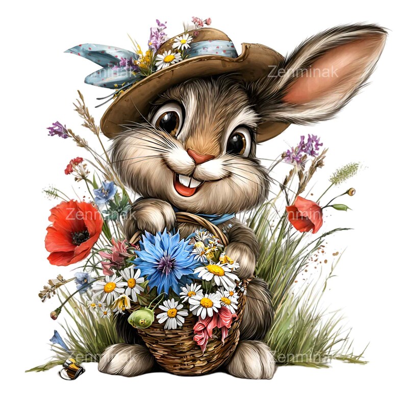 15 PNG Cute Bunny in Flower Basket Clipart – Spring Rabbit With Straw ...