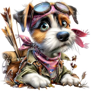 May include: A digital illustration of a Jack Russell Terrier puppy with goggles, a pink bandana, and a green jacket. The puppy has brown, black, and white fur, and is carrying a brown backpack with arrows.