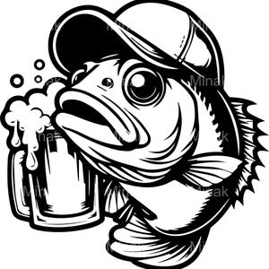 May include: Black and white illustration of a fish wearing a baseball cap and holding a beer stein. The fish has large eyes and a smiling expression, with bubbles rising from the beer. A fun design for fishing enthusiasts.
