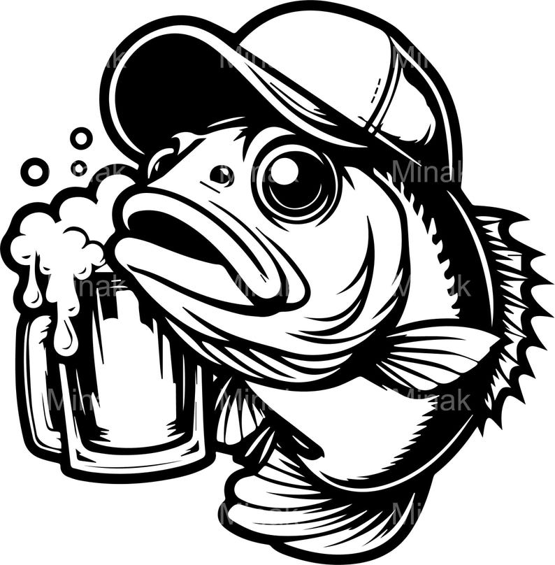 May include: Black and white illustration of a fish wearing a baseball cap and holding a beer stein. The fish has large eyes and a smiling expression, with bubbles rising from the beer. A fun design for fishing enthusiasts.