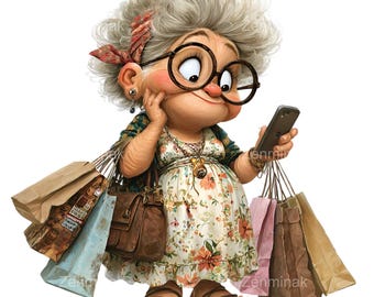 16 imagens PNG de avó fazendo compras, senhora idosa engraçada