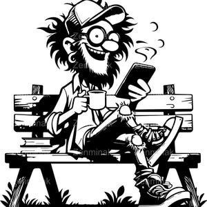 6 SVG Funny Bearded Man SVG Cut File, Cartoon Guy with Coffee and Tablet on Bench, Messy Hair Comic Clipart for Crafters