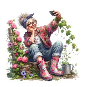 Selfie en el jardín PNG - 15 descargas digitales de arte floral, divertidas imágenes prediseñadas de chica en el jardín para proyectos creativos