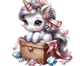 10 PNG Unicorn Clipart, Watercolor Baby Fantasy Pony Treasure Chest Nursery
