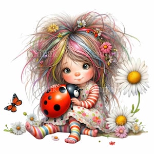 14 Ragazza stravagante con coccinella PNG Clipart – Capelli arcobaleno, collant a righe, margherite e farfalla, carina arte fantasy