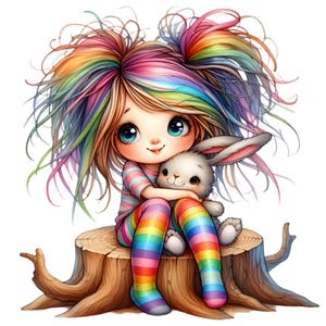 15 Niña con cabello de arcoíris PNG - Adorable niña con conejito y calcetines a rayas Ilustración - Arte digital caprichoso