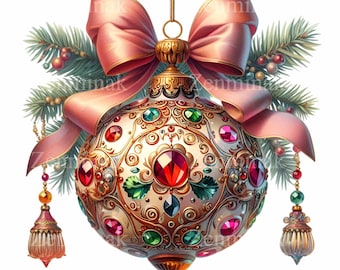 May include: Ornate Christmas ornament with a cream-colored base, adorned with red, green, and pink gemstones. A large pink bow sits above the ornament, with sprigs of evergreen and dangling decorative elements. The ornament has a gold-colored metal finish.