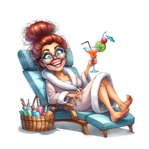 12 PNG Divertente Spa Donna PNG Clipart, Illustrazione di donna rilassante su sedia a sdraio, Arte di cocktail spa donna dei cartoni animati