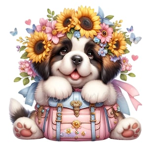 10 PNG Blumenkronen-Welpen - Süßer Hund PNG Clipart - entzückender Welpe im Rucksack mit Sonnenblumen für Kinderhandwerk, Aufkleber und Frühlingsdekor