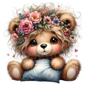 12 cliparts PNG ours mignon avec couronne de fleurs et coussin, animal de la forêt kawaii, art aquarelle chambre de bébé bébé animal