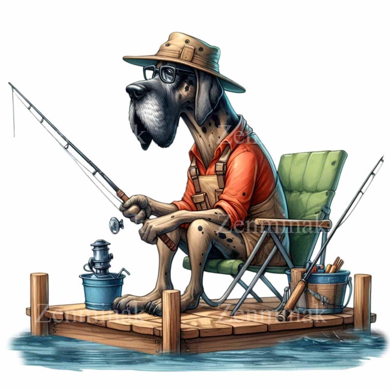 Great Dane Fishing PNG, 10 Cute Dog With Hat and Fishing Rod Sitting on