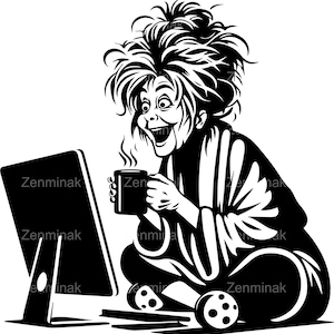 5 SVG Lustige Kaffeesüchtig SVG, verrückte Morgen Frau Clipart, Laptop und Becher digitale Kunst, unordentlicher Haar Vektor, schläfrige Dame Design