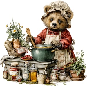 May include: Watercolor illustration of a bear wearing a bonnet and apron, stirring a pot on a stove. Jars of preserves, a basket of flowers, and other kitchen items surround the bear, creating a cozy, vintage kitchen scene.