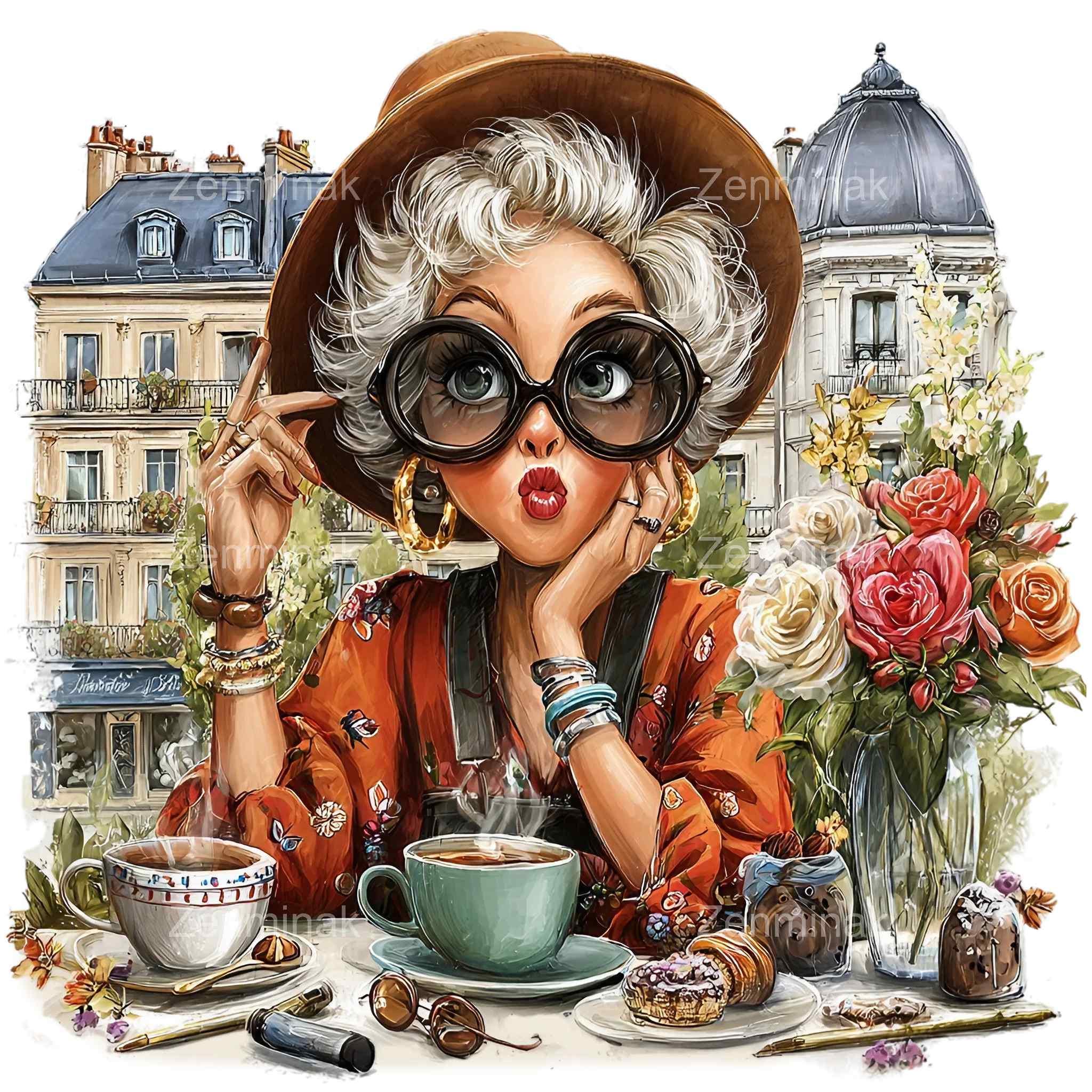 14 PNG Funny Senior Lady Clipart, Paris Cafe Coffee Illustration - Etsy UK