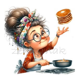 Funny Granny Pancake Cook Clipart PNG - 14 Quirky Grandmother with Frying Pans and Pancakes, Cartoon Kitchen Illustration, Instant Download
