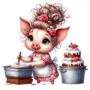 12 imágenes PNG de cerdos horneando, un lindo cerdito con delantal haciendo pasteles, con cabello floral y diseño de calcomanía con escena de cocina vintage.