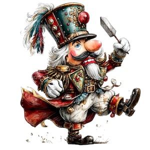 May include: A whimsical illustration of a Nutcracker soldier in a marching pose. The character wears a teal and gold hat with a red gem, a red and gold military jacket, and white pants. He holds a feather in his right hand.