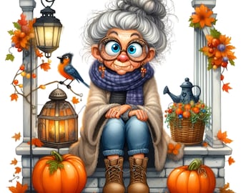 12 PNG Autumn Grandma – PNG Clipart – Funny Old Lady on Porch With  Pumpkins, Lanterns and Bird for Fall Cards, Stickers and DIY Projects - Etsy