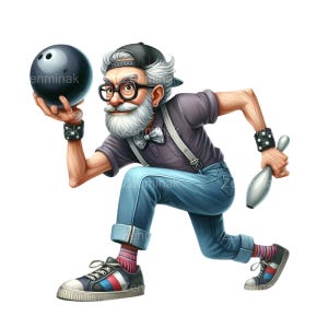 Könnte beinhalten: Illustration eines älteren Mannes beim Bowling. Er trägt eine schwarze Kappe, eine Brille und eine Fliege. Er hält eine Bowlingkugel und einen Kegel. Er trägt eine blaue Jeans, Hosenträger und Turnschuhe.