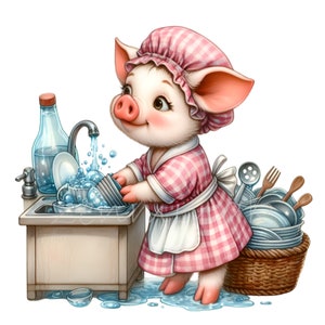 12 Porco Lavando Pratos Clip Art, Animal de Fazenda Bonito em Avental Rosa PNG, Download de Arte de Desenho Animado com Tema de Cozinha