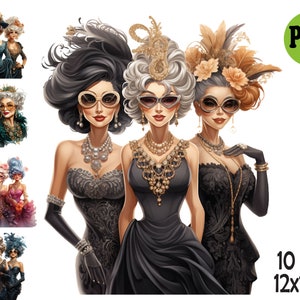 10 elegante senior dames clipart png, glamoureuze oude vrouwen in toga en zonnebril, vintage chique mode, grappige groep stijlvolle oma's