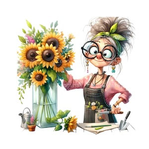 14 Imágenes prediseñadas de abuela con girasoles (PNG) – Divertida jardinera con delantal y herramientas – Diseño de floristería de verano