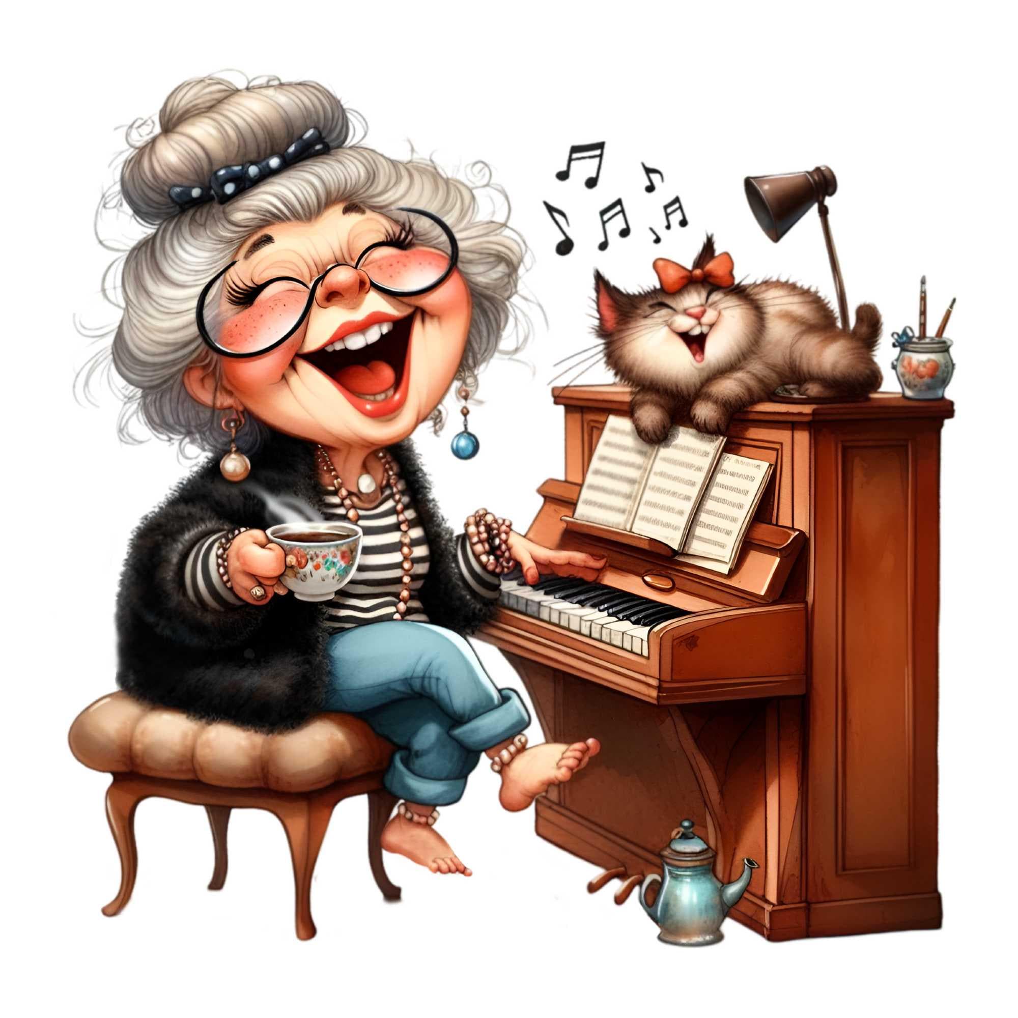 15 PNG Grandmother Playing Piano Clipart, Whimsical Music Teacher