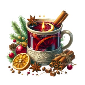 Candela di vin brulé PNG - 15 Clipart di tazze invernali, candela festiva alla cannella e all'arancia, illustrazione di bevanda calda per le feste