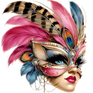 Pode incluir: Ilustração detalhada de uma máscara veneziana. A máscara apresenta detalhes em rosa, azul e dourado, adornada com penas e joias. A máscara cobre os olhos e o nariz, com o rosto de uma mulher visível por baixo.