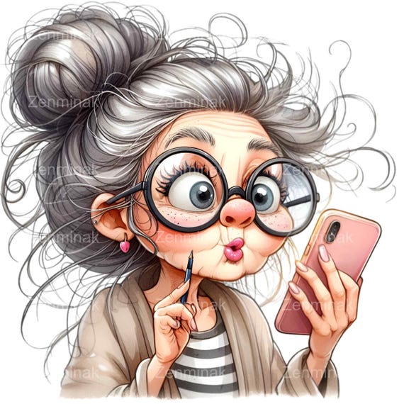11 Grandma Clipart PNG, Funny Cartoon Elderly Woman with Phone, Cute Illustration for Crafts & Sublimation