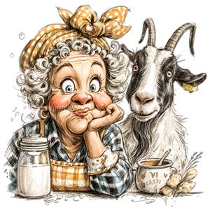 May include: A humorous illustration featuring a woman with a shocked expression, alongside a goat. The woman is wearing a plaid shirt, apron, and a headscarf. A jar of milk and a pot with the text "VI CASU" are also present in the image.