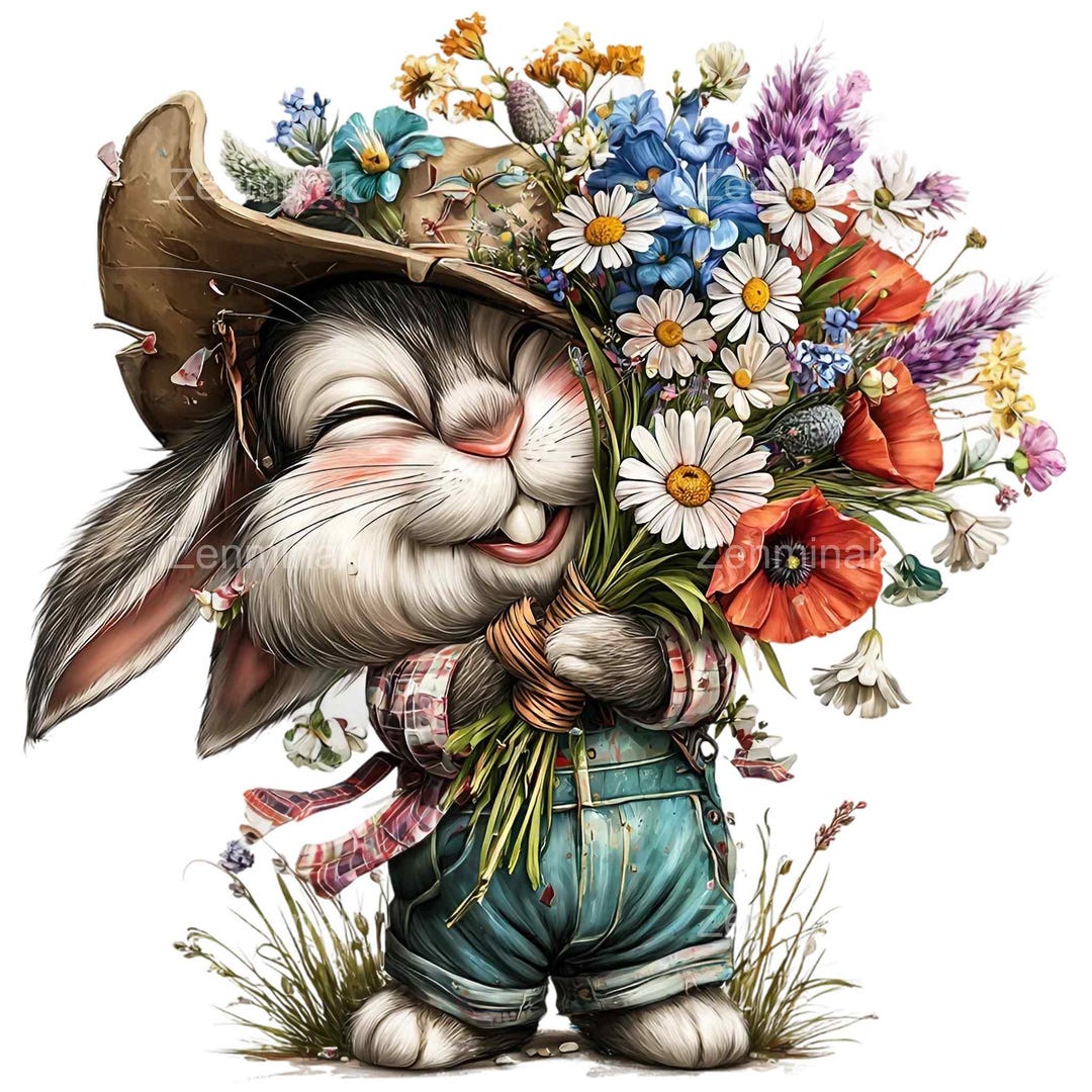 15 PNG Floral Bunny Clipart, Spring Rabbit With Wildflowers, Farmhouse ...