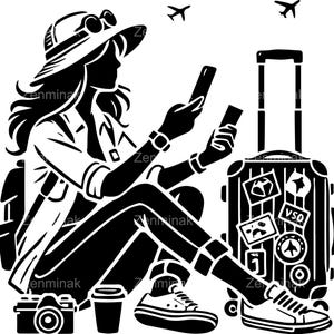 4 siluetas de mujer viajera SVG, clipart de turista con maleta y cámara, diseño de chica viajera para Cricut y corte láser