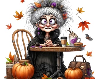 14 PNG Autumn Grandma at Table Fall Pumpkin Clipart, Season Harvest Coffee