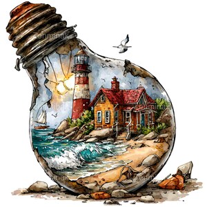 May include: A watercolor illustration of a lighthouse and a house inside a lightbulb. The lighthouse is red and white, and the house is yellow with a red roof. A sailboat is on the water, and a seagull flies overhead. The lightbulb is cracked.