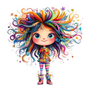 19 Clipart di ragazze colorate PNG, bambina stravagante con capelli arcobaleno e fiori, arte fantasy luminosa per l'arredamento dei bambini