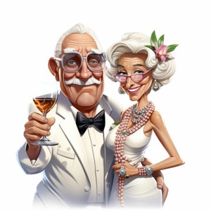 Élégant couple de personnes âgées célébrant avec style, art numérique de dessin animé vintage PNG pour décoration d'anniversaire ou de fête