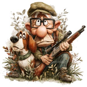Peut inclure: Illustration à l'aquarelle d'un chasseur et de son chien. Le chasseur, portant une casquette verte et des lunettes, tient un fusil. Le chien, avec une fourrure marron et blanche, est assis à côté de lui. Thème : nature et plein air.