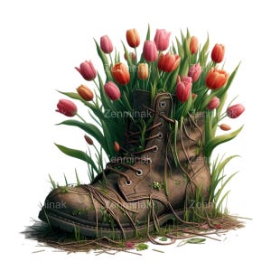 15 Laars met tulpen PNG-afbeelding – rustieke leren schoen, roze en oranje lentebloemen, natuurreclaiming objectkunst