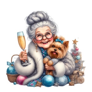 12 imágenes PNG divertidas de abuelas, señora mayor con perro, champán y adornos, diseño de pegatina navideña con árbol