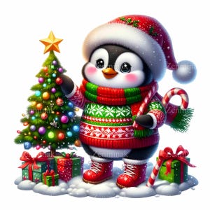 12 cliparts PNG de pingouin de Noël - pingouin mignon en bonnet de Noel, décoration d'arbre avec canne en bonbon, cadeaux et lumières - Art hivernal des fêtes