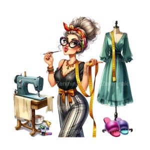 12 divertenti clipart PNG di sarta, donna affascinante con metro a nastro e strumenti da cucito, abito elegante su manichino