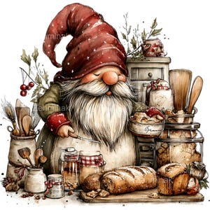 May include: Watercolor illustration of a gnome chef in a red hat with white stars, surrounded by kitchen items. The gnome holds a knife and a bowl labeled "Gramma". Jars of ingredients, bread loaves, and wooden utensils are also visible.