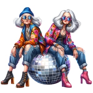 14 trendy oma png-afbeeldingen - coole seniorenvrouwen met retro discostijl - funky mode-illustratie voor prints en decoratie